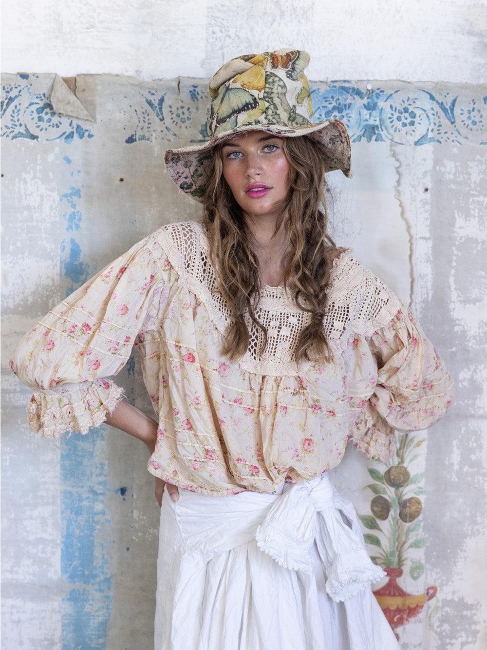 Magnolia Pearl Crochet Yoke Keira Blouse Floral European Cotton Reversible OS